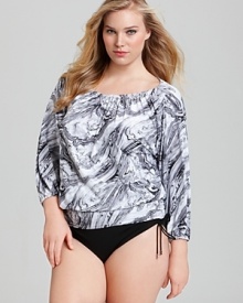 Put your personal style on display with this marble print blouson coverup from MICHAEL Michael Kors Plus. Paired with a swim skirt or hipster bottom it's an outfit in its own right. Put your personal style on display with this marble print blouson coverup from MICHAEL Michael Kors Plus. Paired with a swim skirt or hipster bottom it's an outfit in its own right.