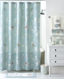 A lovely floral motif in a serene blue and white palette lends an air of nature-inspired sophistication to this Martha Stewart Collection Mariposa shower curtain. Fanciful embroidered butterflies add delightful pops of color. A lovely floral motif in a serene blue and white palette lends an air of nature-inspired sophistication to this Martha Stewart Collection Mariposa shower curtain. Fanciful embroidered butterflies add delightful pops of color.