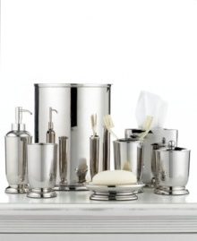 Mirror, mirror. Featuring a polished, reflective surface and classic shape, this metal wastebasket from Martha Stewart Collection imbues your bath with timeless sophistication. Mirror, mirror. Featuring a polished, reflective surface and classic shape, this metal wastebasket from Martha Stewart Collection imbues your bath with timeless sophistication.