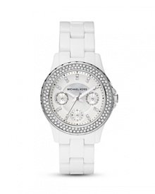 A crystal-encrusted bezel sets this chic white watch to sparkle. From MICHAEL Michael Kors. A crystal-encrusted bezel sets this chic white watch to sparkle. From MICHAEL Michael Kors.