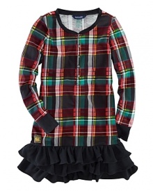 Timeless plaid is transformed into an adorable dress that's embellished with a tiered ruffle skirt. Timeless plaid is transformed into an adorable dress that's embellished with a tiered ruffle skirt.