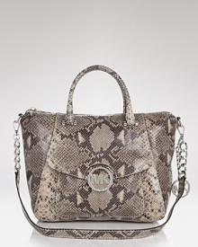 Make an exotic statement with this snake-embossed leather satchel from MICHAEL Michael Kors. In a versatile shape, this serpentine style goes from work to weekends without a sartorial slip. Make an exotic statement with this snake-embossed leather satchel from MICHAEL Michael Kors. In a versatile shape, this serpentine style goes from work to weekends without a sartorial slip.