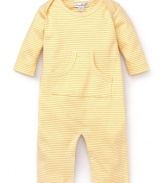 The perfect striped shortall crafted in soft cotton and accented with vented shoulders and a front kangaroo pocket.