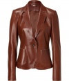 Ultra-luxe jacket in pure, supple leather - Rich hazelnut hue and intricate decorative stitching - Fitted, feminine silhouette hits just below hips and tapers at waist - Single breasted blazer cut with notched lapels and single button closure - Two front pockets and rear vent - Gorgeous and versatile, an absolute investment piece perfect for work, weekend and leisure - Pair with just about anything in your wardrobe, from denim trousers and cigarette pants to pencil skirts and knit dresses