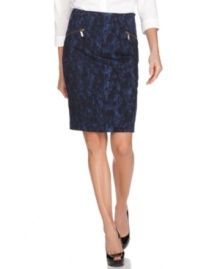 Zippers add edge to this marbleized-printed MICHAEL Michael Kors pencil skirt -- perfect for a stylish workwear look! Zippers add edge to this marbleized-printed MICHAEL Michael Kors pencil skirt -- perfect for a stylish workwear look!