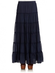 THE LOOKTiered ruffle detailElastic waistGentle ruchingTHE FITAbout 40 from waist to hemTHE MATERIALSilkFully linedCARE & ORIGINDry cleanImportedModel shown is 5'11 (180cm) wearing US size Small. THE LOOKTiered ruffle detailElastic waistGentle ruchingTHE FITAbout 40 from waist to hemTHE MATERIALSilkFully linedCARE & ORIGINDry cleanImportedModel shown is 5'11 (180cm) wearing US size Small.