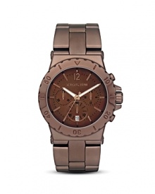 MICHAEL Michael Kors pairs a lustrous Mother-of-Pearl dial with modern brushed espresso strap in this chic timepiece featuring three-eye functionality and a date window. MICHAEL Michael Kors pairs a lustrous Mother-of-Pearl dial with modern brushed espresso strap in this chic timepiece featuring three-eye functionality and a date window.