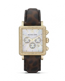 Wear two of this season's trends on your wrist with this MICHAEL Michael Kors watch, flaunting a crystal-embellished bezel and fierce animal print strap. Wear two of this season's trends on your wrist with this MICHAEL Michael Kors watch, flaunting a crystal-embellished bezel and fierce animal print strap.
