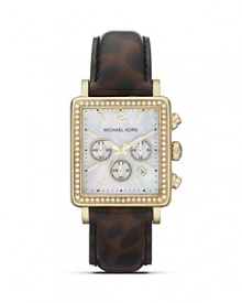 Wear two of this season's trends on your wrist with this MICHAEL Michael Kors watch, flaunting a crystal-embellished bezel and fierce animal print strap.