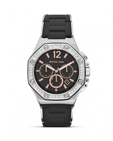 Silver and black prove a timeless with this crystal-accented MICHAEL Michael Kors watch. With a steel bracelet and glitz bezel, this style is a classic finish for day. Silver and black prove a timeless with this crystal-accented MICHAEL Michael Kors watch. With a steel bracelet and glitz bezel, this style is a classic finish for day.