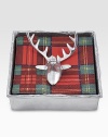 Get into the spirit of the season with this handcrafted cocktail napkin holder, defined by a reindeer paperweight and an organic, naturally shaped rim. Napkins not includedRecycled aluminum5¾W X 1½H X 5¾LHand washImported