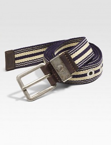 A striped classic with leather trim and burnished metal buckle.65% acrylic/30%polyproylene/5% polyethyleneAbout 1 wideMade in Italy A striped classic with leather trim and burnished metal buckle.65% acrylic/30%polyproylene/5% polyethyleneAbout 1 wideMade in Italy