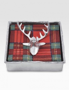 Get into the spirit of the season with this handcrafted cocktail napkin holder, defined by a reindeer paperweight and an organic, naturally shaped rim. Napkins not includedRecycled aluminum5¾W X 1½H X 5¾LHand washImported Get into the spirit of the season with this handcrafted cocktail napkin holder, defined by a reindeer paperweight and an organic, naturally shaped rim. Napkins not includedRecycled aluminum5¾W X 1½H X 5¾LHand washImported