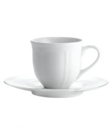 A unique geometric shape and clean, embossed design give this fine china teacup from Mikasa's Antique White dinnerware and dishes collection a modern sensibility. Microwave, dishwasher and oven safe. Perfect for everyday use.