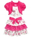 Girls rule! And she'll definitely feel like she's the queen in this adorable tiered skirt dress with attached shrug from Hello Kitty.
