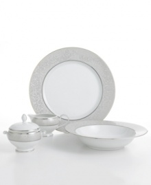 Clean and cool with an understated elegance, Mikasa's Parchment fine china dinnerware and dishes collection features a soft gray border embellished by an intricate scroll design. Accented by inner and outer borders of platinum. Dishwasher safe. 5-piece completer set features vegetable bowl, platter, covered sugar bowl and creamer. Clean and cool with an understated elegance, Mikasa's Parchment fine china dinnerware and dishes collection features a soft gray border embellished by an intricate scroll design. Accented by inner and outer borders of platinum. Dishwasher safe. 5-piece completer set features vegetable bowl, platter, covered sugar bowl and creamer.