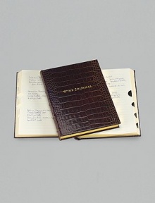 A writing journal for the wine lover, this rich crocodile-embossed Italian calfskin design has 224 lined pages with thumb tabs for France, Italy, USA, Germany, Australia and more. Gilt-edged, acid-free paper Double-faced, satin ribbon marker Smyth-sewn for strength and openability 7 X 9¼ Made in USA A writing journal for the wine lover, this rich crocodile-embossed Italian calfskin design has 224 lined pages with thumb tabs for France, Italy, USA, Germany, Australia and more. Gilt-edged, acid-free paper Double-faced, satin ribbon marker Smyth-sewn for strength and openability 7 X 9¼ Made in USA