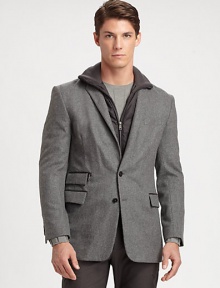 A modern combination of sleek sophistication and refined comfort, this sportcoat is expertly tailored in Italy from smooth, lightweight wool flannel featuring an interior tabard with a full-zip front and a ribbed-knit mockneck collar.Button-frontChest welt, waist flap pocketsSide vents80% cotton/20% nylonDry cleanMade in Italy