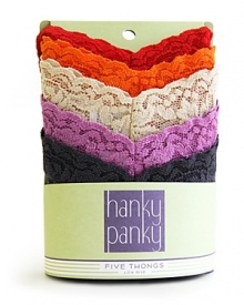 A five pack of Hanky Panky's signature soft stretchy low-rise thong threaded with ultra-thin elastic fibers that provide hip-hugging support. A five pack of Hanky Panky's signature soft stretchy low-rise thong threaded with ultra-thin elastic fibers that provide hip-hugging support.