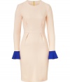 Add a high style kick to your cocktail-ready look with this ultra-feminine sheath dress from London It designer Roksanda Ilincic - Round neck, long sleeves with colorblock ruffled cuffs, fitted silhouette with darts at waist, exposed back zip closure - Wear with sky-high platform pumps and a statement bag