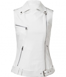 Work a sartorial edge into your fashion-forward luxe looks with Jitrois pristine white leather biker vest, an exquisitely modern take on this iconic style - Notched collar, snapped epaulettes, off-center front zip, zippered pockets, belted waistline, zippered back detail - Form-fitting - Wear over a silk top with a pencil skirt and sky-high booties Work a sartorial edge into your fashion-forward luxe looks with Jitrois pristine white leather biker vest, an exquisitely modern take on this iconic style - Notched collar, snapped epaulettes, off-center front zip, zippered pockets, belted waistline, zippered back detail - Form-fitting - Wear over a silk top with a pencil skirt and sky-high booties