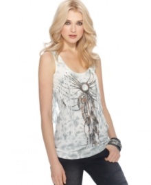 Go for a southwest-inspired look with this dream-catcher printed Miss Me tank -- fringe & stud details accent the style!