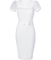 Dainty and delicate with its waffle knit and dotted tulle sleeves, Valentino R.E.D.s bright white dress lends a sweet finish to every occasion - Round neckline, dotted tulle sheer puffed short sleeves, sheer lace panel at yolk, matching bow at waistline, hidden back zip - Form-fitting - Team with flawless pumps and a clutch for cocktails Dainty and delicate with its waffle knit and dotted tulle sleeves, Valentino R.E.D.s bright white dress lends a sweet finish to every occasion - Round neckline, dotted tulle sheer puffed short sleeves, sheer lace panel at yolk, matching bow at waistline, hidden back zip - Form-fitting - Team with flawless pumps and a clutch for cocktails