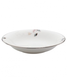 Hummingbirds twirl and buzz from flowery pink leaves to blue on this dreamy bone china pasta bowl from Lenox Lifestyle dinnerware. The dishes from the Silver Song collection are crisscrossed with platinum branches and abound with fanciful springtime delight and irresistible modern charm. Qualifies for Rebate