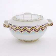 From the fashion house of Missoni, Margherita bone china is decorated with multicolor kaleidoscopic flowers. From the fashion house of Missoni, Margherita bone china is decorated with multicolor kaleidoscopic flowers.