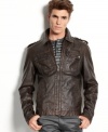 Leader of the pack. Get all the all-American style your look needs with this distressed faux-leather jacket from Guess.