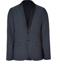 With modernized tuxedo detailing and a contemporary fit, this PS Paul Smith blazer easily elevates your workweek staples - Contrasting narrow lapels, two-button closure, single chest pocket, two flap waist pockets, slim fit - Pair with trousers or jeans, a sleek button down, and dress shoes