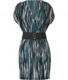 Take the print trend into your workweek with Akikos variegated striped silk dress, detailed with a stretch faux-leather belt for a soft, feminine look - Wrapped V-neckline, sleeveless with draped arm opening, gathered shoulders, elasticized waist, faux-leather twisted belt with elasticized strap and snap closures, pull-over style - Softly draped silhouette, mini-length - Wear with a blazer and flats to work, or dress up for cocktails with a leather jacket and heels