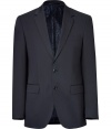 Elegant jacket in fine, pure midnight blue wool - Classic, single-breasted blazer cut - Two-button closure and deep lapels - Two flap pockets, one chest pocket - Vents at rear - Lined in silk - Long and lean, straight silhouette - Polished and slick, seamlessly transitions from the office to evenings out - Pair with a button down and suit trousers or chinos