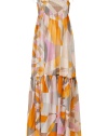 The classic Pucci print gets a romantic redux with this summer-ready maxi dress - Adjustable tie spaghetti straps, shirred bodice, empire waist, flared full skirt with ruffled tier, floor-sweeping length, all-over geometric print - Style with platform sandals and a floppy hat