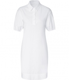 With its timeless classic styling and streamlined look, Jil Sander Navys white stretch cotton shirtdress is a work and weekend essential staple - Classic collar, gathered short sleeves, elasticized cuffs, partial button placket, slit sides - Loosely tailored fit - Wear with chic flats and an oversized leather tote