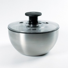 The Stainless Steel Salad Spinner by OXO is a study in elegant form and function: press the soft pump to start the basket spinning, press the brake button and the basket comes to a stop for east unloading. A clear, see-through lid disassembles for easy cleaning and the non-slip base keeps the bowl in place on countertops. The Stainless Steel Salad Spinner by OXO is a study in elegant form and function: press the soft pump to start the basket spinning, press the brake button and the basket comes to a stop for east unloading. A clear, see-through lid disassembles for easy cleaning and the non-slip base keeps the bowl in place on countertops.