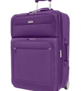 Your guide for getting there. Meet your travel match, an incredibly durable and extremely well-stocked suitcase that glides with ease, packs with order and arrives in style. A tightly woven polyester exterior holds up against the wear and tear of busy travels, while a two-compartment interior, with any-hanger suiter system, organizes, sorts and keeps your precious belongings wrinkle free.