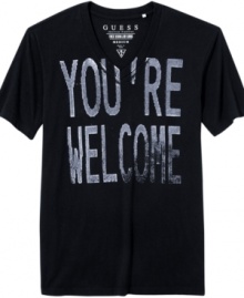 Reimagine your casual wardrobe with this laid-back graphic tee from Guess. Reimagine your casual wardrobe with this laid-back graphic tee from Guess.