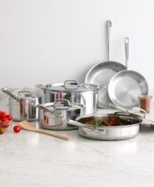 Professionally yours. Lightweight and dishwasher safe, this top-shelf set simply shines in your kitchen with a heavy-gauge 3-ply bonded construction and pure aluminum core that heats up fast and evenly. The scratch-resistant satin-finished interior beautifully complements the mirror-finished exterior, which is safe to use on all stovetops. Limited lifetime warranty. Professionally yours. Lightweight and dishwasher safe, this top-shelf set simply shines in your kitchen with a heavy-gauge 3-ply bonded construction and pure aluminum core that heats up fast and evenly. The scratch-resistant satin-finished interior beautifully complements the mirror-finished exterior, which is safe to use on all stovetops. Limited lifetime warranty.
