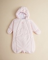 Cute, cuddly, comforting. Hooded velour bunting with full zip closure on both right and left sides.