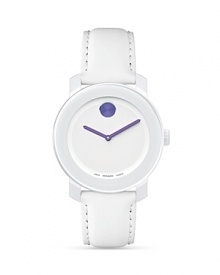 Medium Movado BOLD watch with white dial with purple accents.