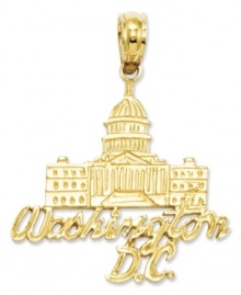 Honor our nation's capital. This iconic charm features the the words Washington D.C. inscribed on the front, along with the Capitol Building. Set in 14k gold. Chain not included. Approximate length: 9/10 inch. Approximate width: 8/10 inch.