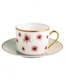 Bold starbursts and a gold, sculpted handle embellish this striking teacup from Bernardaud. Bold starbursts and a gold, sculpted handle embellish this striking teacup from Bernardaud.