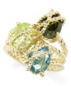 This intriguing City by City ring ties up your look with a rope-inspired design, embellished with the addition of oval-cut cubic zirconia in colorful hues: peridot, olivine and aqua (6-1/3 ct. t.w.). Set in nickel-free gold tone mixed metal. Sizes 6, 7, and 8.