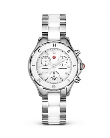 Ceramic and silver take carry the color block trend to your wrist with Michele's borrowed from the boys timepiece. Wear the two-tone number with tailored separates and up the ante on menswear chic. Ceramic and silver take carry the color block trend to your wrist with Michele's borrowed from the boys timepiece. Wear the two-tone number with tailored separates and up the ante on menswear chic.