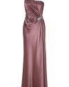 Gorgeous evening gown of fine silk is stunning with a draped one-shoulder silhouette - Narrow, draped waist is enhanced with a silver brooch - Skirt is decorative in soft folds that fall to an elegant floor-length - An ideal red carpet dress, its perfect for formal events when paired with strappy heels and long, chandelier earrings