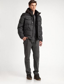 No need to sacrifice style for incredible warmth, this quilted bomber rests at center stage with sophisticated structuring and contrasting panels at the hood, collar, rear and elbows.Zip frontButtoned placketAttached drawstring hoodChest flap, waist slash pocketsFully linedAbout 27 from shoulder to hemWoolDry cleanImported No need to sacrifice style for incredible warmth, this quilted bomber rests at center stage with sophisticated structuring and contrasting panels at the hood, collar, rear and elbows.Zip frontButtoned placketAttached drawstring hoodChest flap, waist slash pocketsFully linedAbout 27 from shoulder to hemWoolDry cleanImported