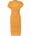 Shimmer into cocktail hour elegance in Missonis glimmering curry knit dress, finished with understated textural patterning for a contemporary take on the brands iconic aesthetic - Asymmetrical boat-neckline, short dolman sleeves, ribbed trim, separate nude slip lining with spaghetti straps - Form-fitting - Team with a streamlined clutch and sky-high platform pumps