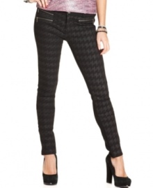 Cool to the max, these houndstooth-print skinny jeans from Material Girl feature coated style for a tough-looking exterior and zip pockets for a dose of rocker attitude. Cool to the max, these houndstooth-print skinny jeans from Material Girl feature coated style for a tough-looking exterior and zip pockets for a dose of rocker attitude.