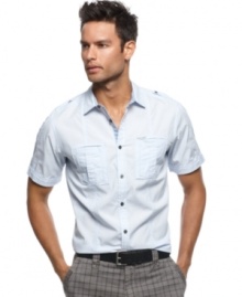 Control the room with the casual cool of this short-sleeved woven shirt from Marc Ecko Cut & Sew. Control the room with the casual cool of this short-sleeved woven shirt from Marc Ecko Cut & Sew.